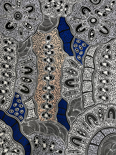 #364 My Country Dreaming (White/Blue) - SHARON NUMINA : Aboriginal Art 72cm x 92cm