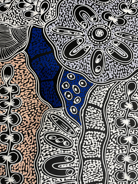 #364 My Country Dreaming (White/Blue) - SHARON NUMINA : Aboriginal Art 72cm x 92cm