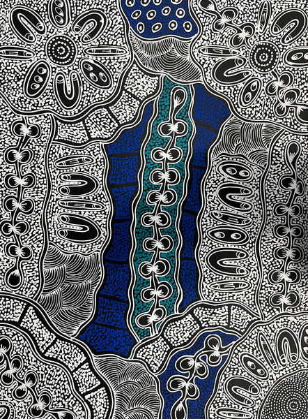 #251 My Country Dreaming (White/Blue) - SHARON NUMINA : Aboriginal Art 70cm x 93cm