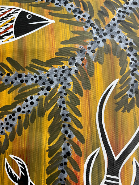 #73 Mud Crab & Skinny Fish- CHRISTINE BURARRWANGA Aboriginal Art:  45cm x 45cm