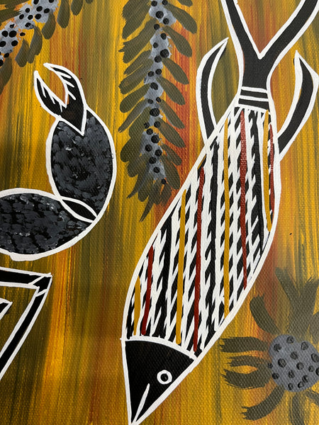 #73 Mud Crab & Skinny Fish- CHRISTINE BURARRWANGA Aboriginal Art:  45cm x 45cm