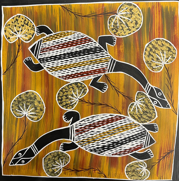 #162 Long Neck Turtles & Lily Pads - CHRISTINE BURARRWANGA Aboriginal Art:  45cm x 45cm