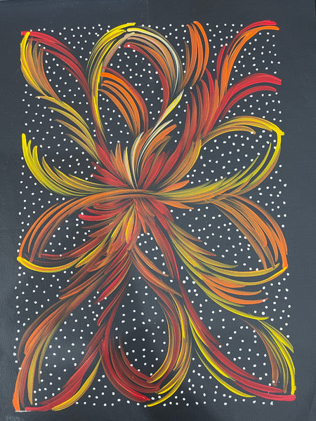 #200 Bush Medicine Leaves & Seeds (Sunset/White)- SELINA NUMINA : Aboriginal Art: 35x50cm