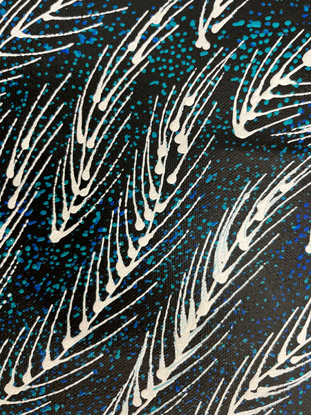 #160 Bush Medicine Vines (White/Blue) - SHARON NUMINA : Aboriginal Art 154cm x 44cm