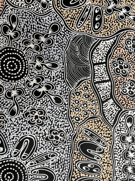 #137 My Country Dreaming (White/Beige) - SHARON NUMINA : Aboriginal Art 146cm x 83cm