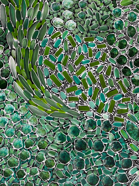 #174 Bush Yam Dreaming (Greens) - RACHAEL NAMBULA: Aboriginal Art 200cm x 84cm