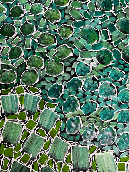 #174 Bush Yam Dreaming (Greens) - RACHAEL NAMBULA: Aboriginal Art 200cm x 84cm