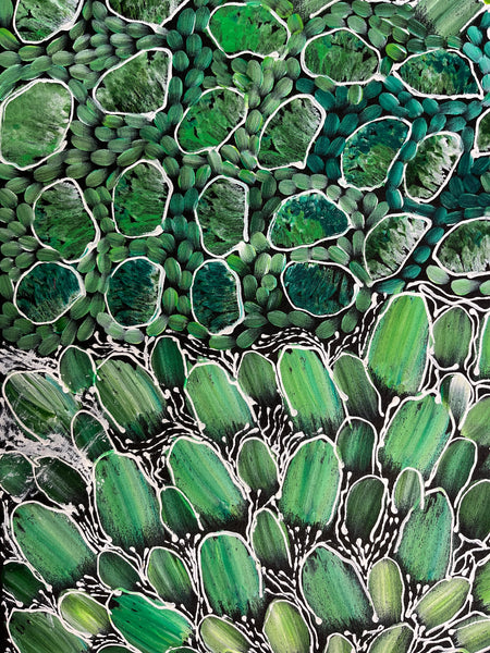 #174 Bush Yam Dreaming (Greens) - RACHAEL NAMBULA: Aboriginal Art 200cm x 84cm