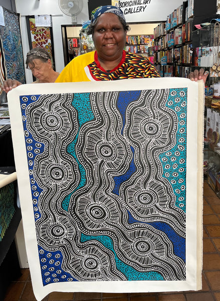 #104 Emu Dreaming (Blues) - SHARON NUMINA : Aboriginal Art: 92 x 71cm