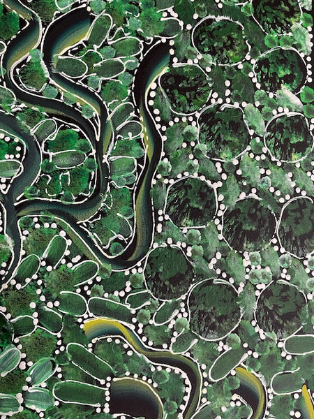 #218 Bush Yam Dreaming (Greens)- RACHAEL NAMBULA: Aboriginal  200cm x 49cm