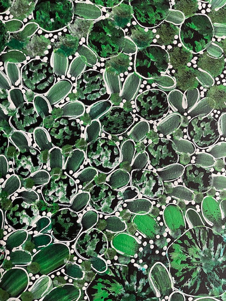 #218 Bush Yam Dreaming (Greens)- RACHAEL NAMBULA: Aboriginal  200cm x 49cm