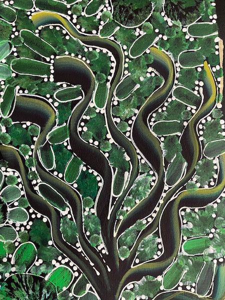 #218 Bush Yam Dreaming (Greens)- RACHAEL NAMBULA: Aboriginal  200cm x 49cm