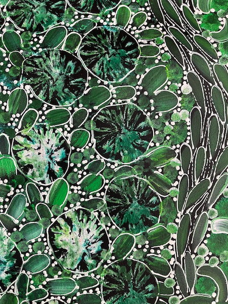 #218 Bush Yam Dreaming (Greens)- RACHAEL NAMBULA: Aboriginal  200cm x 49cm