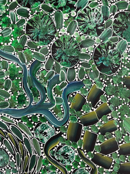 #218 Bush Yam Dreaming (Greens)- RACHAEL NAMBULA: Aboriginal  200cm x 49cm