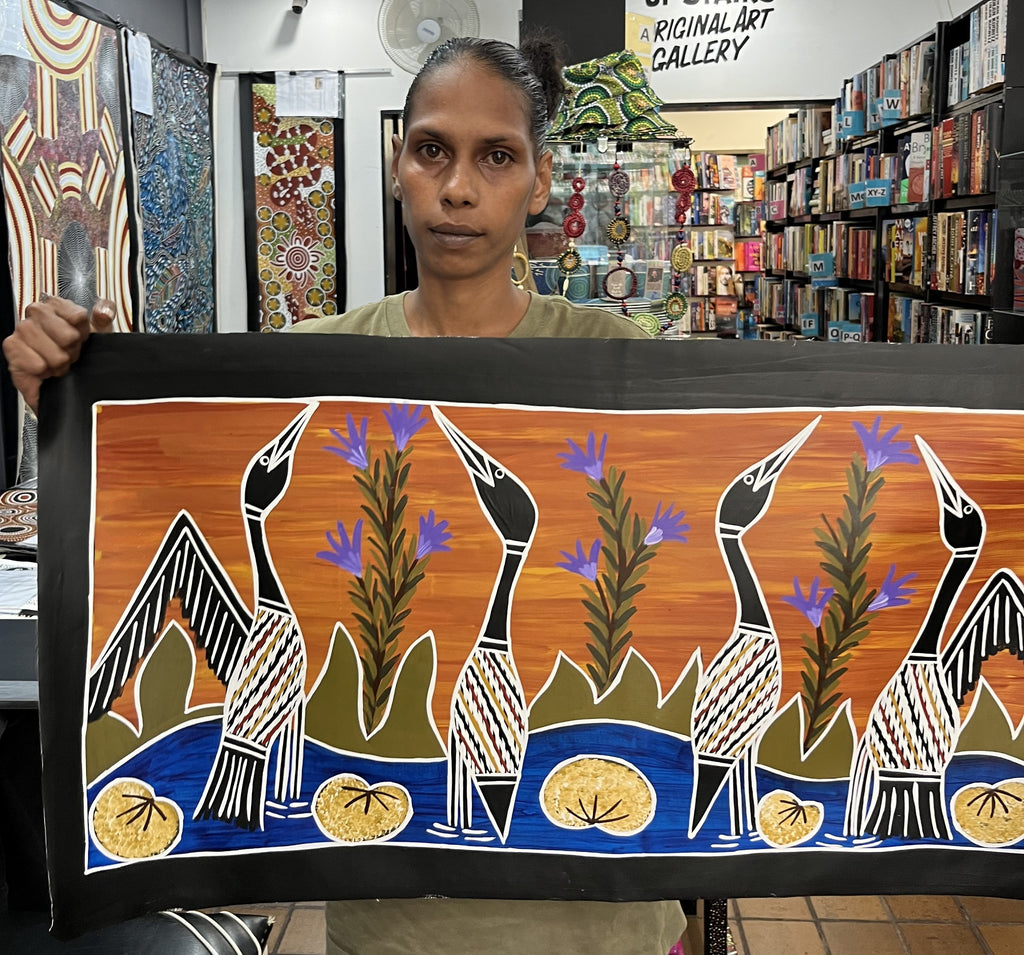 #203 Brolga Dreaming - BIANCA GANAMBARR Aboriginal Art:  90cm x 44cm