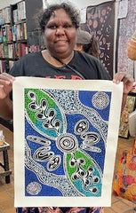 #338 Women collecting Bush Tucker (Blues) - SHARON NUMINA Aboriginal Art: 37cm x 51cm
