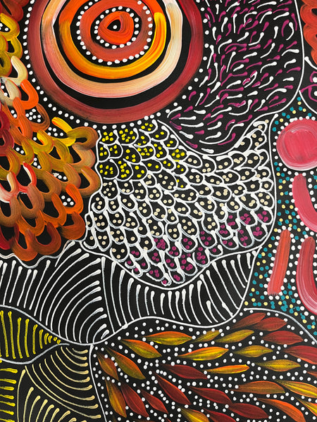#328 My Dreamtime Stories (Sunset) - LOUISE NUMINA : Aboriginal Art 96 x 125cm