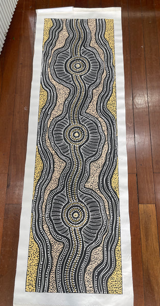 #224 Emu Dreaming (White/Earth/Yellow) - SHARON NUMINA : Aboriginal Art: 43x152cm