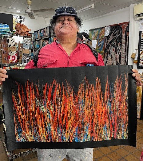 #281 Bush Fire Dreaming (Red/Orange/Blues) - REGGIE SULTAN : Desert Art : 40x69cm