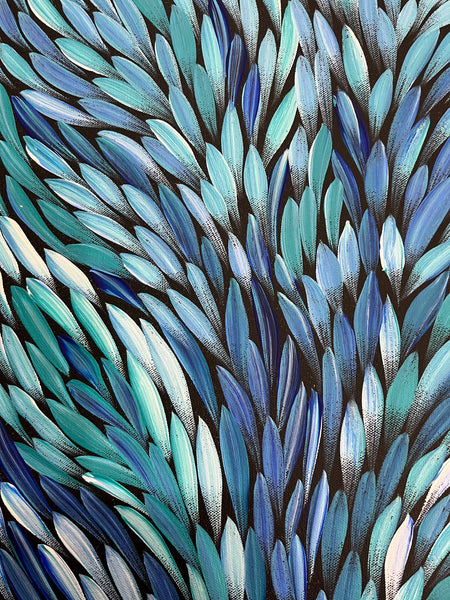 #69 Bush Medicine Leaves (Blues) - SHARON NUMINA : Aboriginal Art: 39cm x 153cm