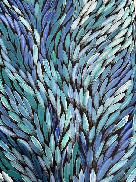 #69 Bush Medicine Leaves (Blues) - SHARON NUMINA : Aboriginal Art: 39cm x 153cm