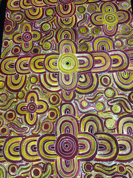 #193 Women's Body Design (Red/Yellow/Pink)- RACHAEL NAMBULA: Aboriginal Art 90x200cm