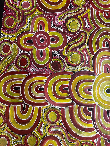 #193 Women's Body Design (Red/Yellow/Pink)- RACHAEL NAMBULA: Aboriginal Art 90x200cm