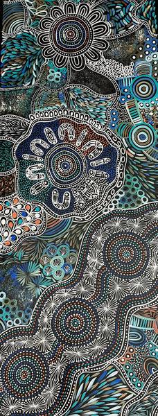 #369 Women collecting Bush Medicine (Kookaburra) - SELINA NUMINA : Aboriginal Art 75 x 200cm