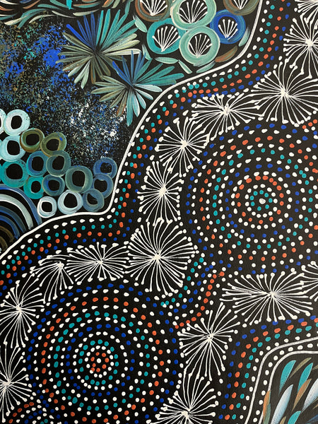 #369 Women collecting Bush Medicine (Kookaburra) - SELINA NUMINA : Aboriginal Art 75 x 200cm