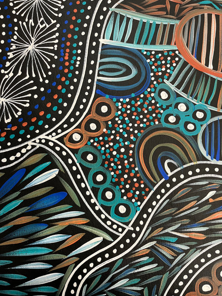 #369 Women collecting Bush Medicine (Kookaburra) - SELINA NUMINA : Aboriginal Art 75 x 200cm