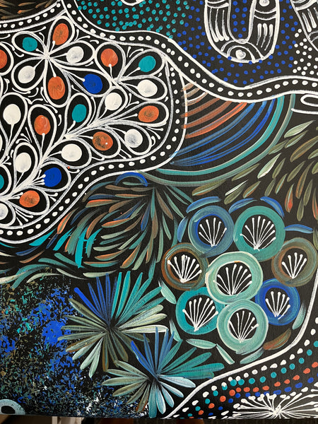 #369 Women collecting Bush Medicine (Kookaburra) - SELINA NUMINA : Aboriginal Art 75 x 200cm