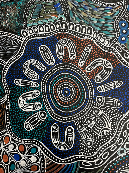 #369 Women collecting Bush Medicine (Kookaburra) - SELINA NUMINA : Aboriginal Art 75 x 200cm