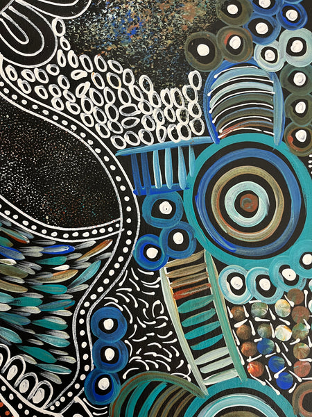 #369 Women collecting Bush Medicine (Kookaburra) - SELINA NUMINA : Aboriginal Art 75 x 200cm