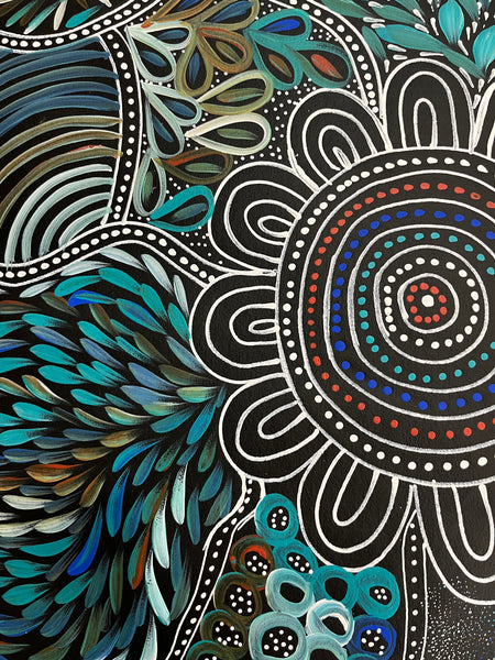 #369 Women collecting Bush Medicine (Kookaburra) - SELINA NUMINA : Aboriginal Art 75 x 200cm