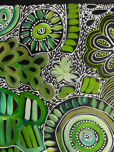 #153 My Dreamtime Stories (Greens)- LOUISE NUMINA : Aboriginal Art: 93x81cm