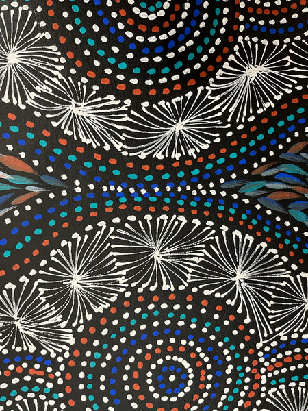 #34 Waterholes & Bush Leaves (Multi) - SELINA NUMINA : Aboriginal Art: 32xm x 93cm