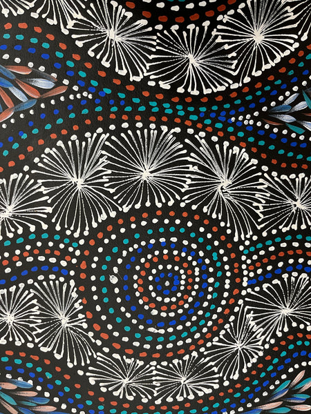 #34 Waterholes & Bush Leaves (Multi) - SELINA NUMINA : Aboriginal Art: 32xm x 93cm