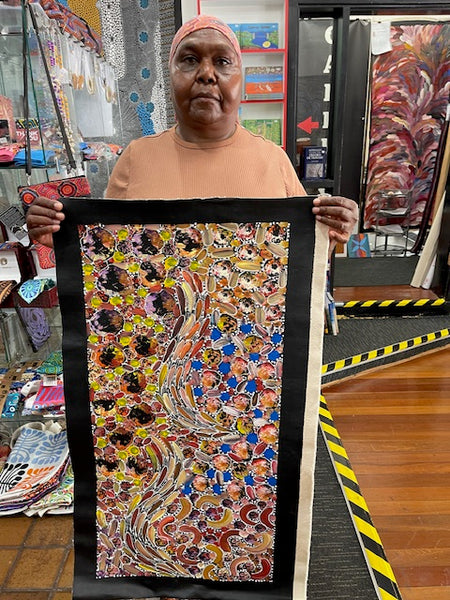 #65 Bush Yam Dreaming (Multi)- RACHAEL NAMBULA: Aboriginal Art 41x81cm