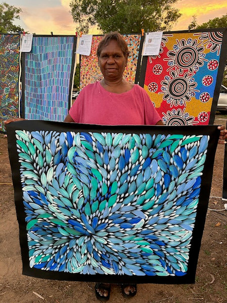 #175 Bush Medicine Leaves (Blue) - CAROLINE NUMINA : Aboriginal Art: 95x86cm