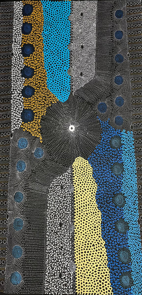 #125 Water Dreaming Ngapa (Earth/Blue) JANET LONG NAKAMARRA: Aboriginal Art 86cm x 163cm
