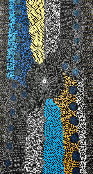 #125 Water Dreaming Ngapa (Earth/Blue) JANET LONG NAKAMARRA: Aboriginal Art 86cm x 163cm