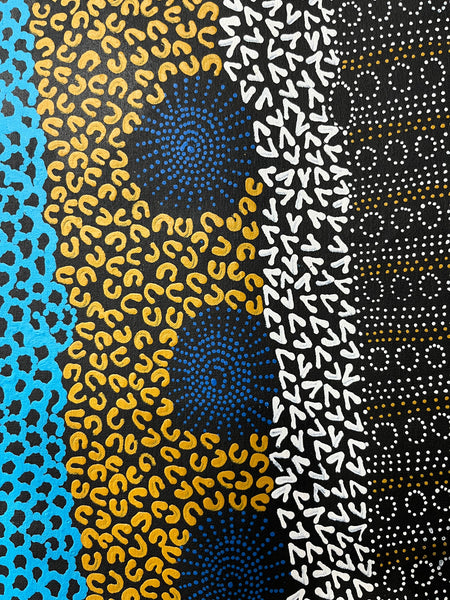 #125 Water Dreaming Ngapa (Earth/Blue) JANET LONG NAKAMARRA: Aboriginal Art 86cm x 163cm