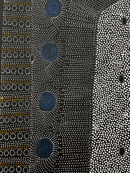 #125 Water Dreaming Ngapa (Earth/Blue) JANET LONG NAKAMARRA: Aboriginal Art 86cm x 163cm