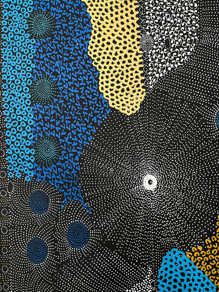 #125 Water Dreaming Ngapa (Earth/Blue) JANET LONG NAKAMARRA: Aboriginal Art 86cm x 163cm