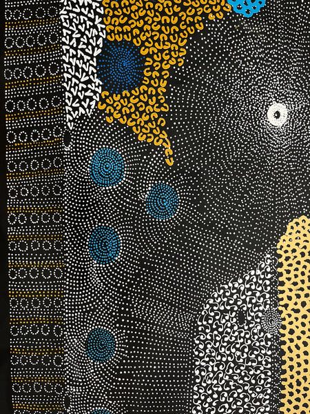 #125 Water Dreaming Ngapa (Earth/Blue) JANET LONG NAKAMARRA: Aboriginal Art 86cm x 163cm