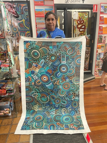 #119 Women's Ceremony (Kookaburra Blues) - SELINA NUMINA : Aboriginal Art: 89x149cm
