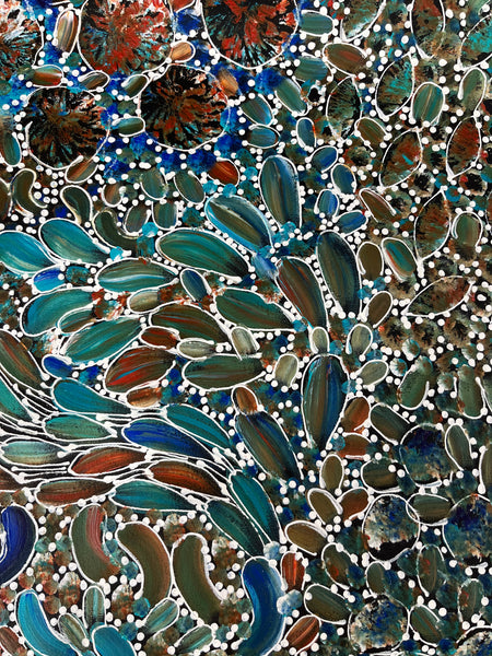 #324 Bush Yam Dreaming (Kookaburra) - RACHAEL NAMBULA: Aboriginal Art: 87cm x 200cm