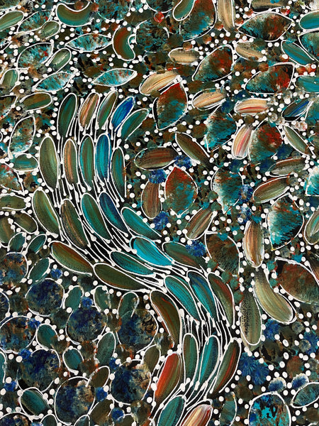 #324 Bush Yam Dreaming (Kookaburra) - RACHAEL NAMBULA: Aboriginal Art: 87cm x 200cm