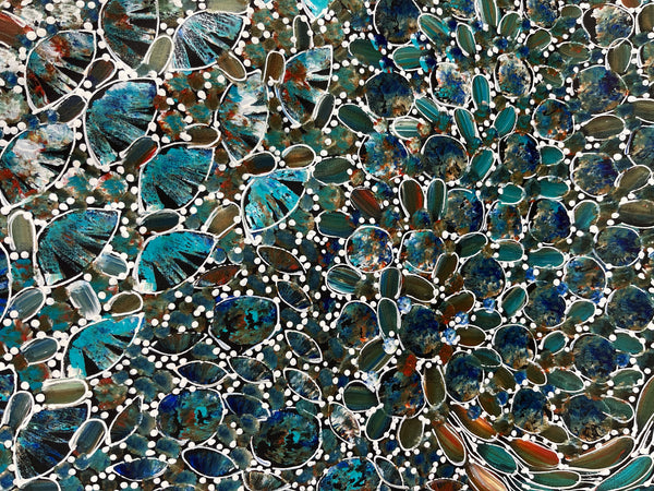 #324 Bush Yam Dreaming (Kookaburra) - RACHAEL NAMBULA: Aboriginal Art: 87cm x 200cm