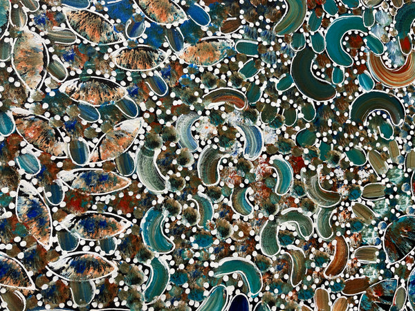 #324 Bush Yam Dreaming (Kookaburra) - RACHAEL NAMBULA: Aboriginal Art: 87cm x 200cm